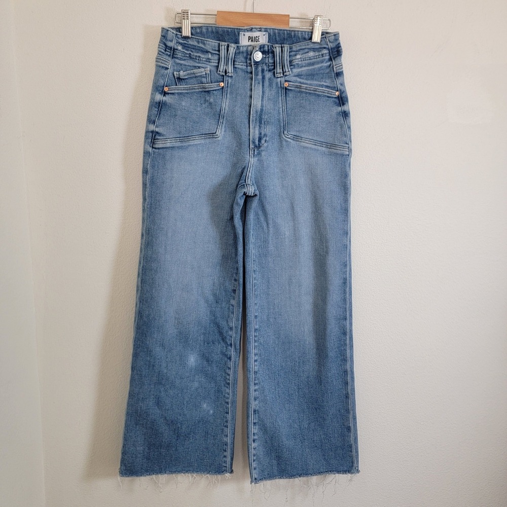 Paige Anessa Sunnie Distressed Wide Leg Crop Jeans Light Wash Blue Size 27